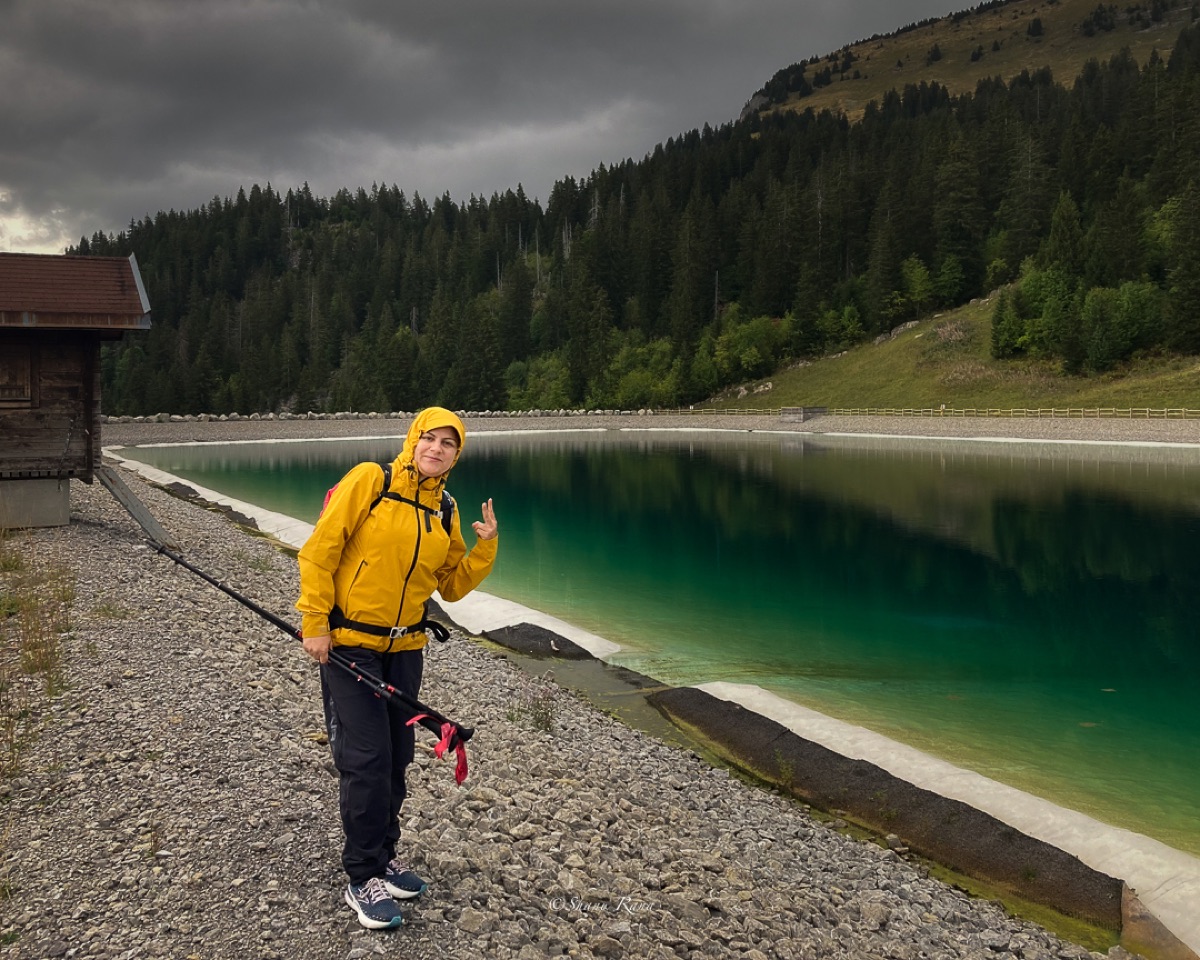 Shanu by a mountain reservoir in Châtel, France